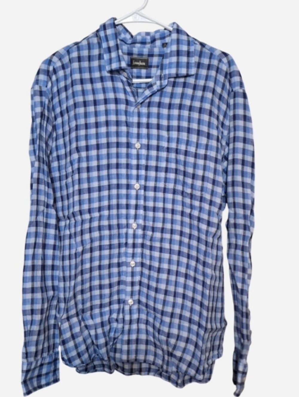 Neiman Marcus mens XL blue and white checked button up shirt 100% linen